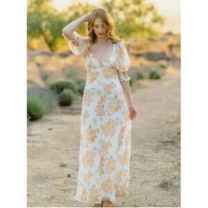 Luxxel Maxi Dress Yellow Floral Open Back Puff Sleeve NWT Womens Size S
